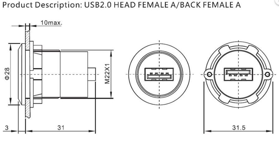 22mm Pano Tipi Dişi Usb Soketi