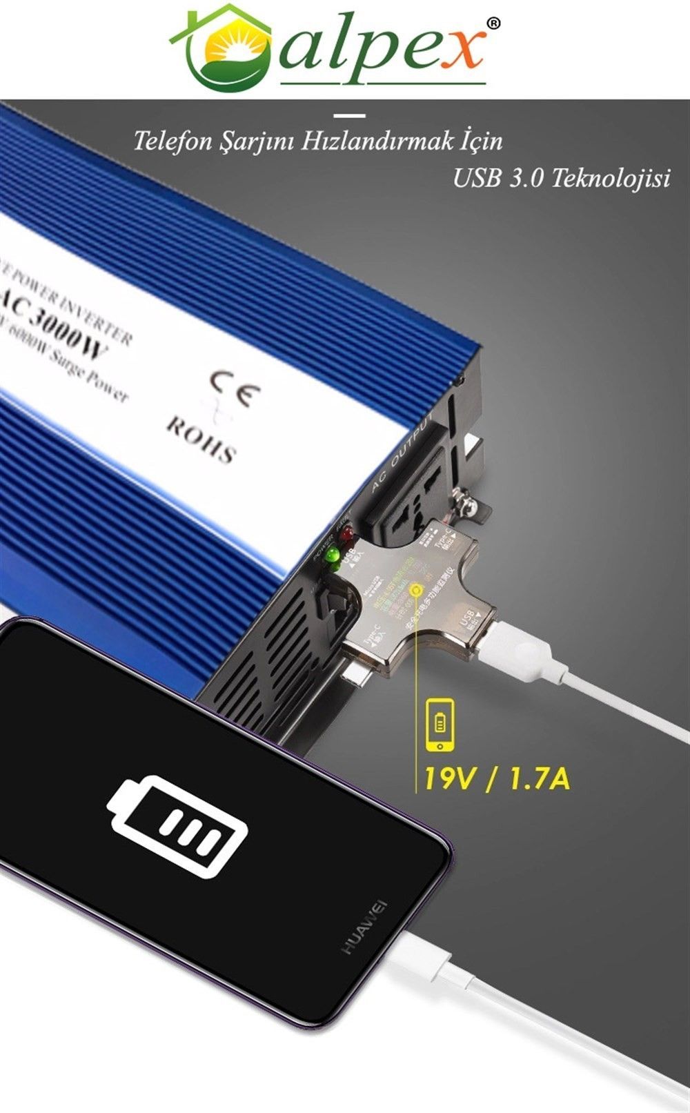 Alpex JYM-1500 12V 1500W Modifiye Sinüs İnvertör