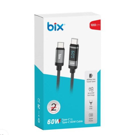 Bix BX06CC 60W Type-C Hızlı Şarj Kablosu 1m Gri