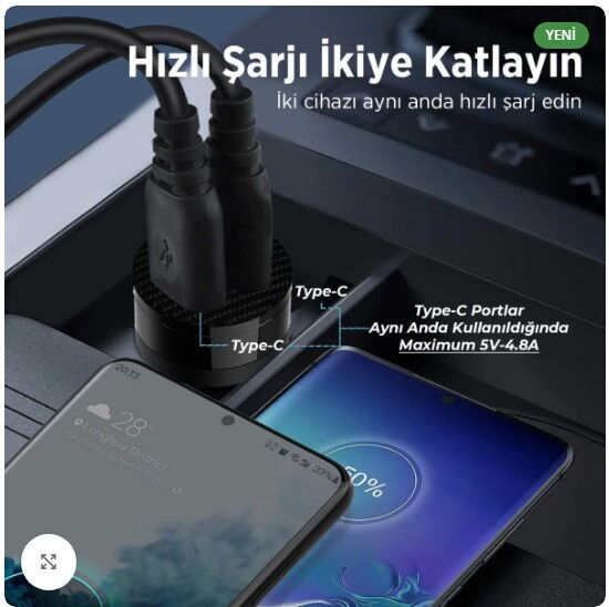 Bix BXCC65C 65W Çift Type-C Araç Şarj Cihazı Siyah