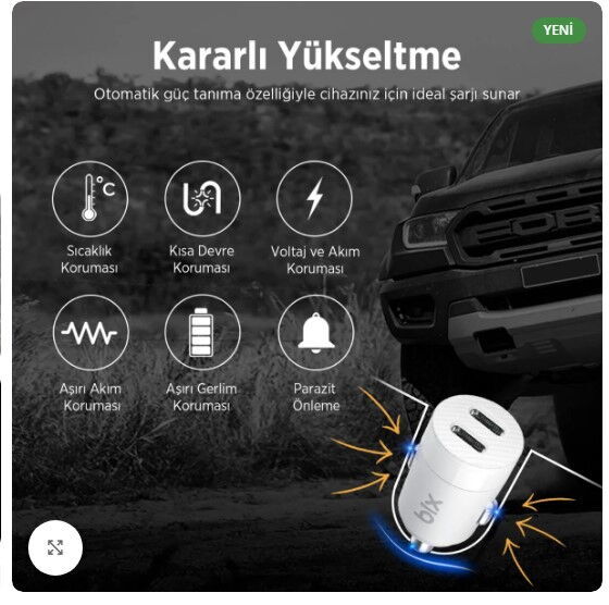 Bix BXCC65C 65W Çift Type-C Araç Şarj Cihazı Beyaz