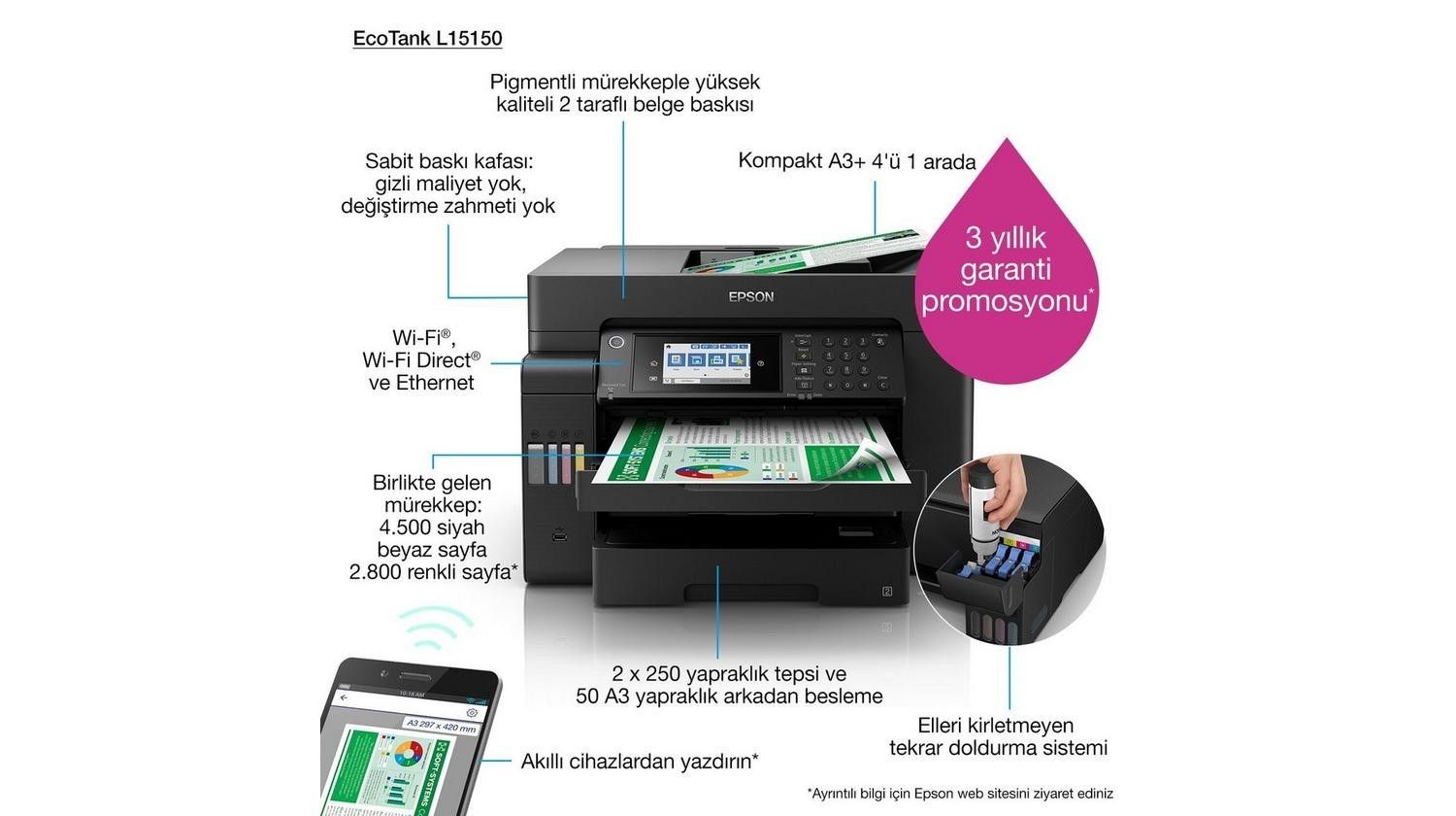 Epson L15150 A3 Tanklı WiFi Çok Fonk. Renkli Yazıc