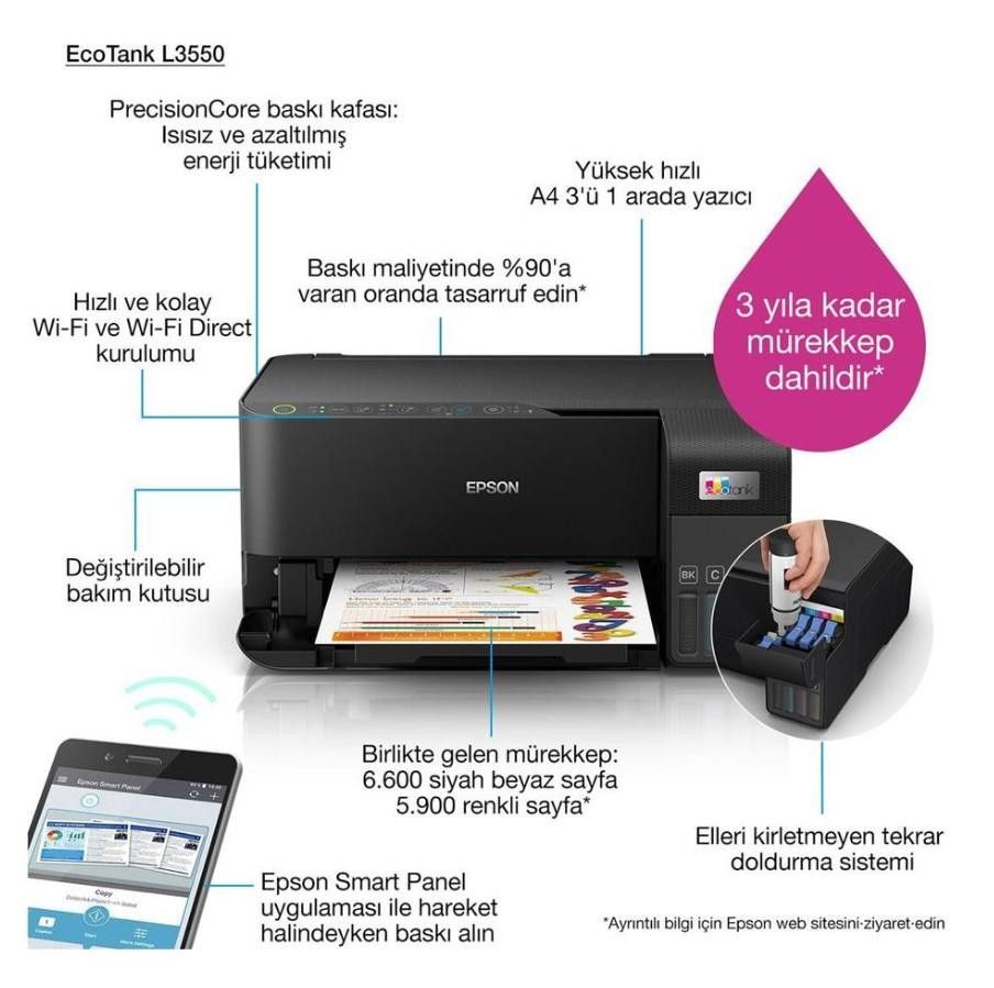 Epson L3550 Tanklı A4 WiFi Çok Fonk. Renkli Yazıcı