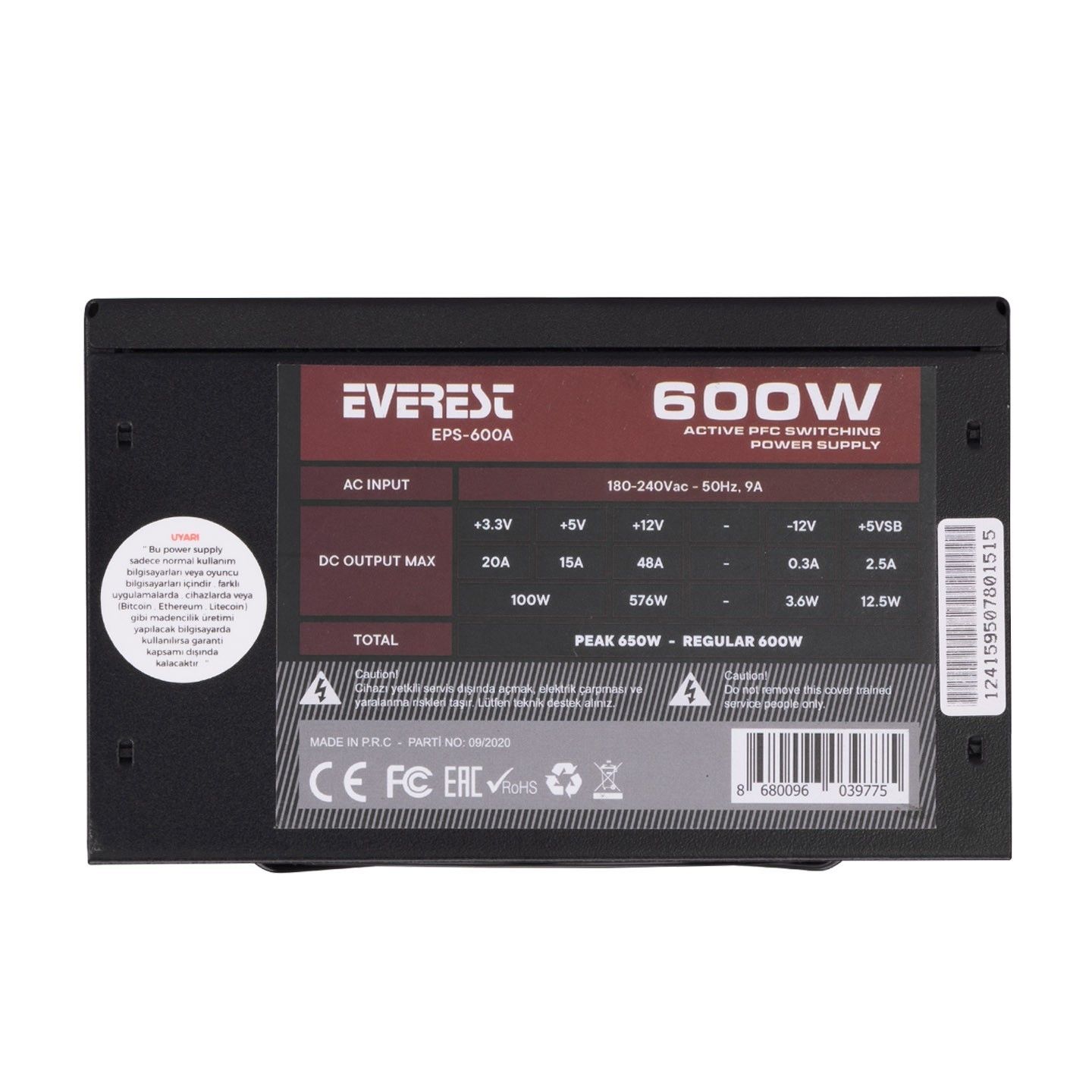 Everest EPS-600A 600W 12cm Fan 4xSata Power Supply