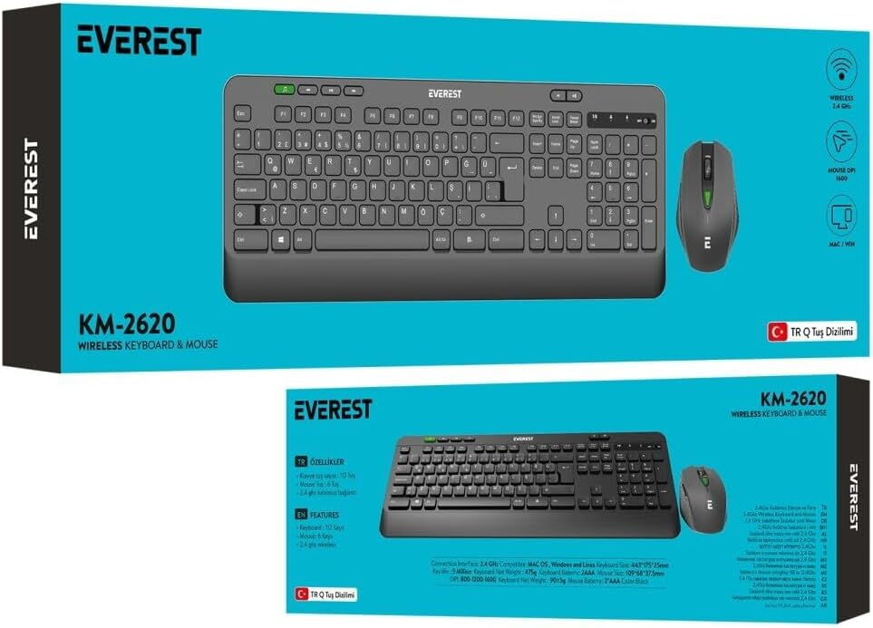 Everest KM-2620 Siyah Kablosuz Klavye Mouse Seti