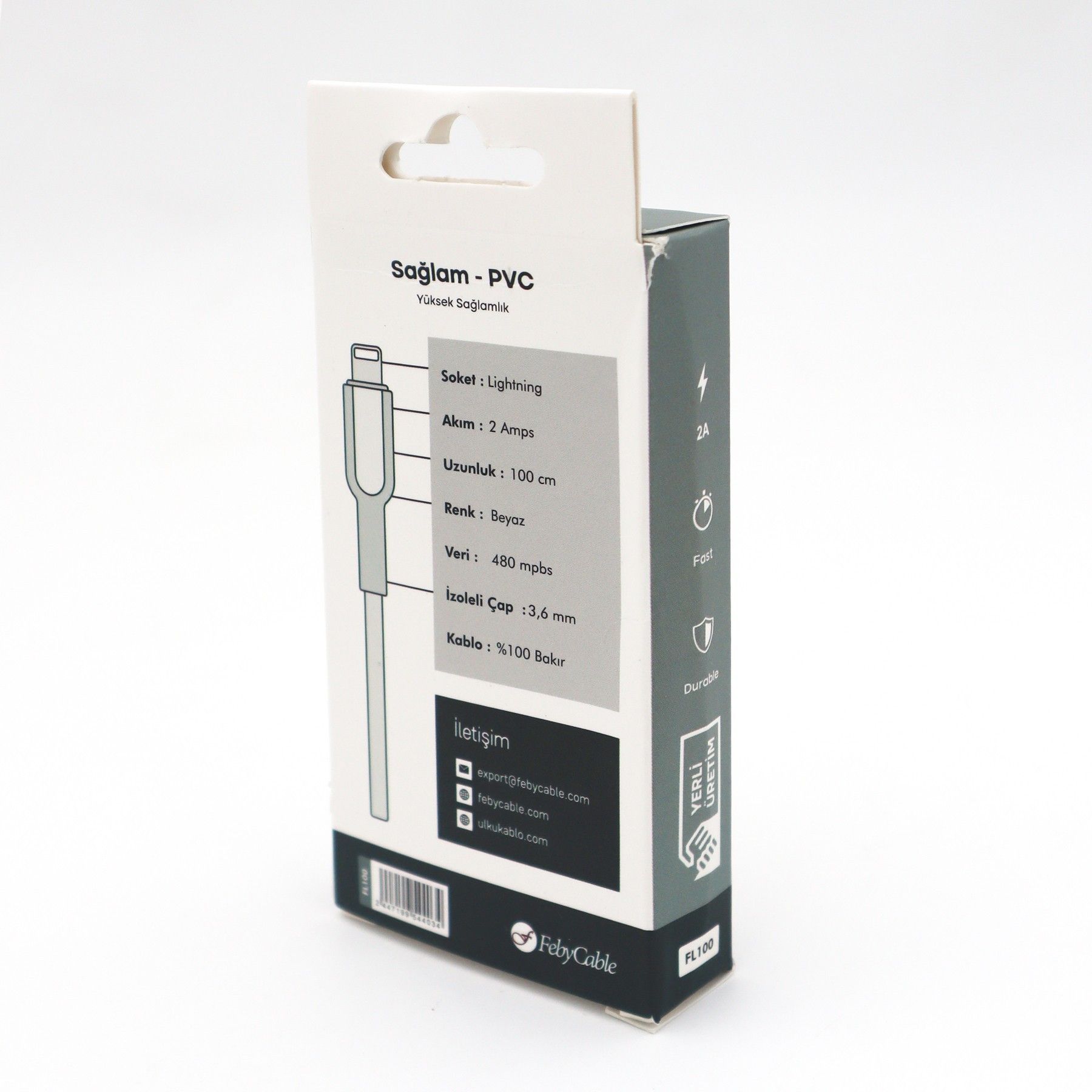 Feby FL100 2A Lightning Şarj Kablosu 1m Beyaz