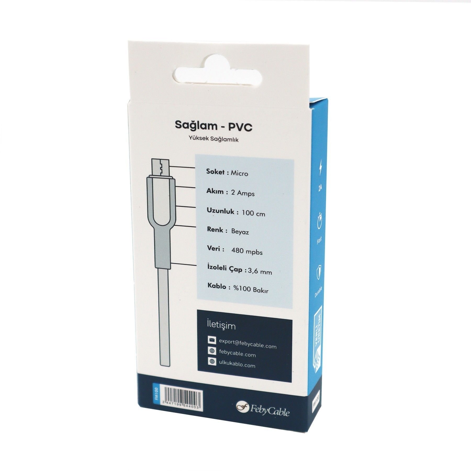 Feby FM100 2A Micro Usb Şarj Kablosu 1m Beyaz