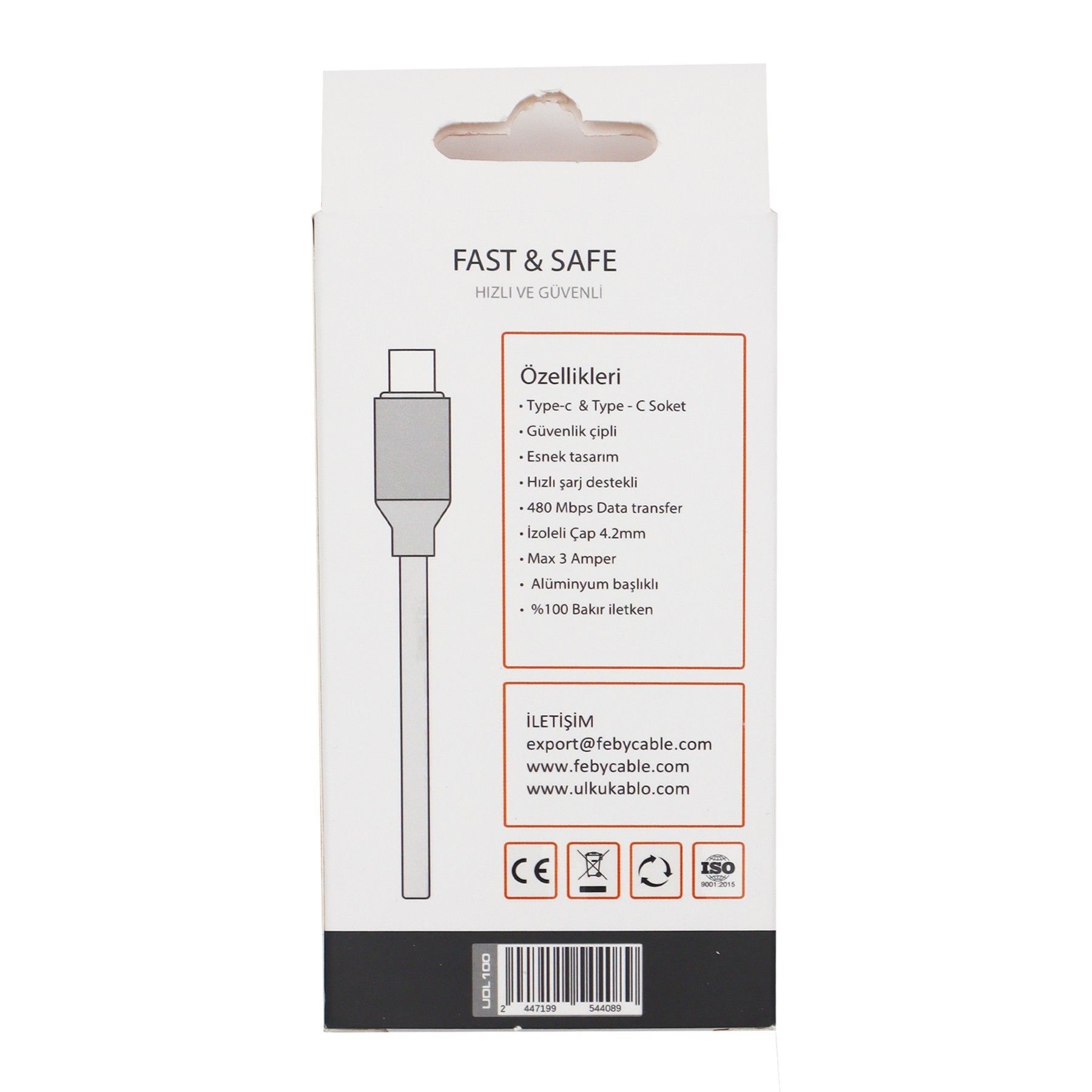 Feby UDT100 3A Type-C/Type-C Şarj Kablosu 1m Beyaz