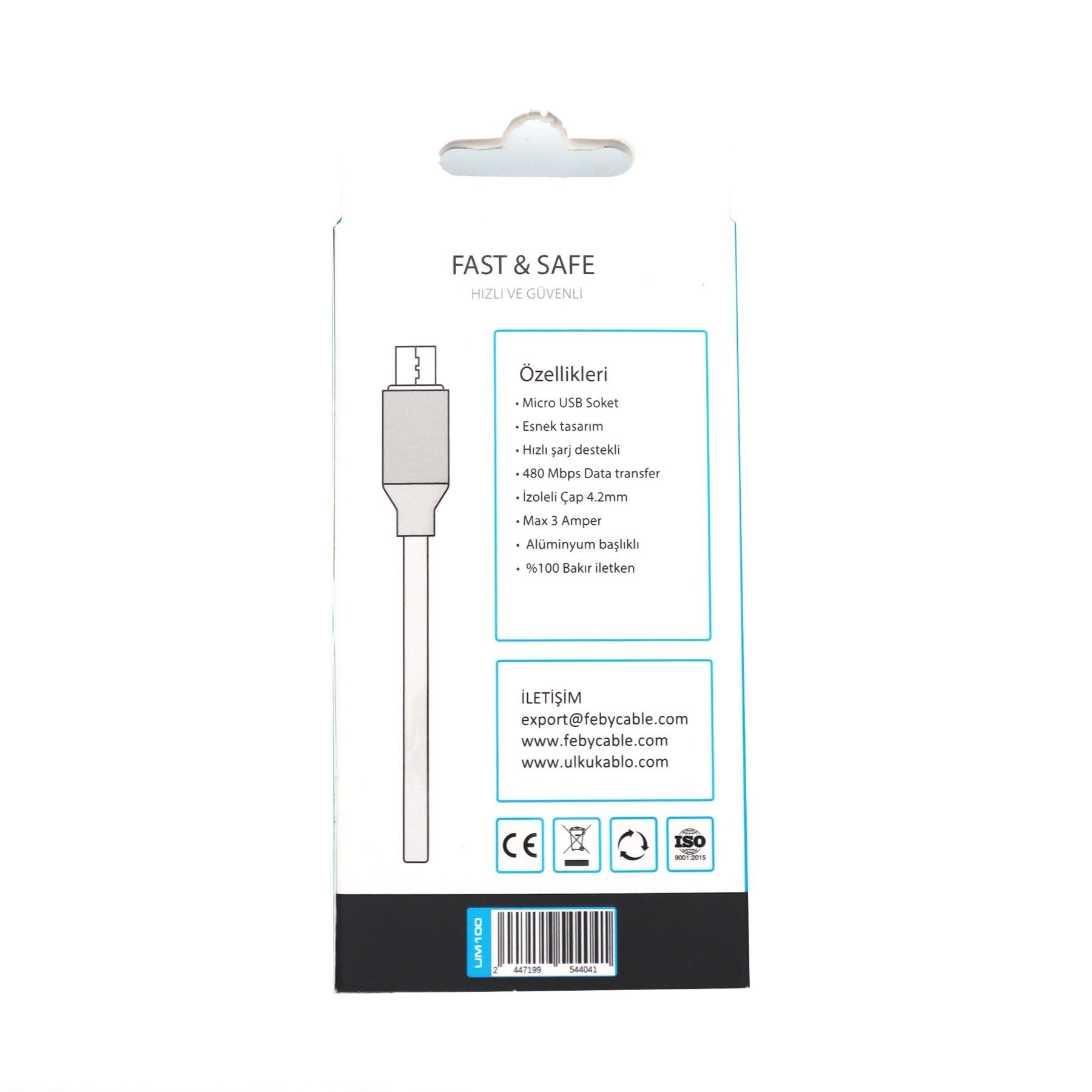 Feby UM100 3A Micro Usb Şarj Kablosu 1m Mavi