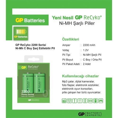 GP 220CHEMTR 2200mAh C Boy NiMH Şarjlı Pil (2 li )