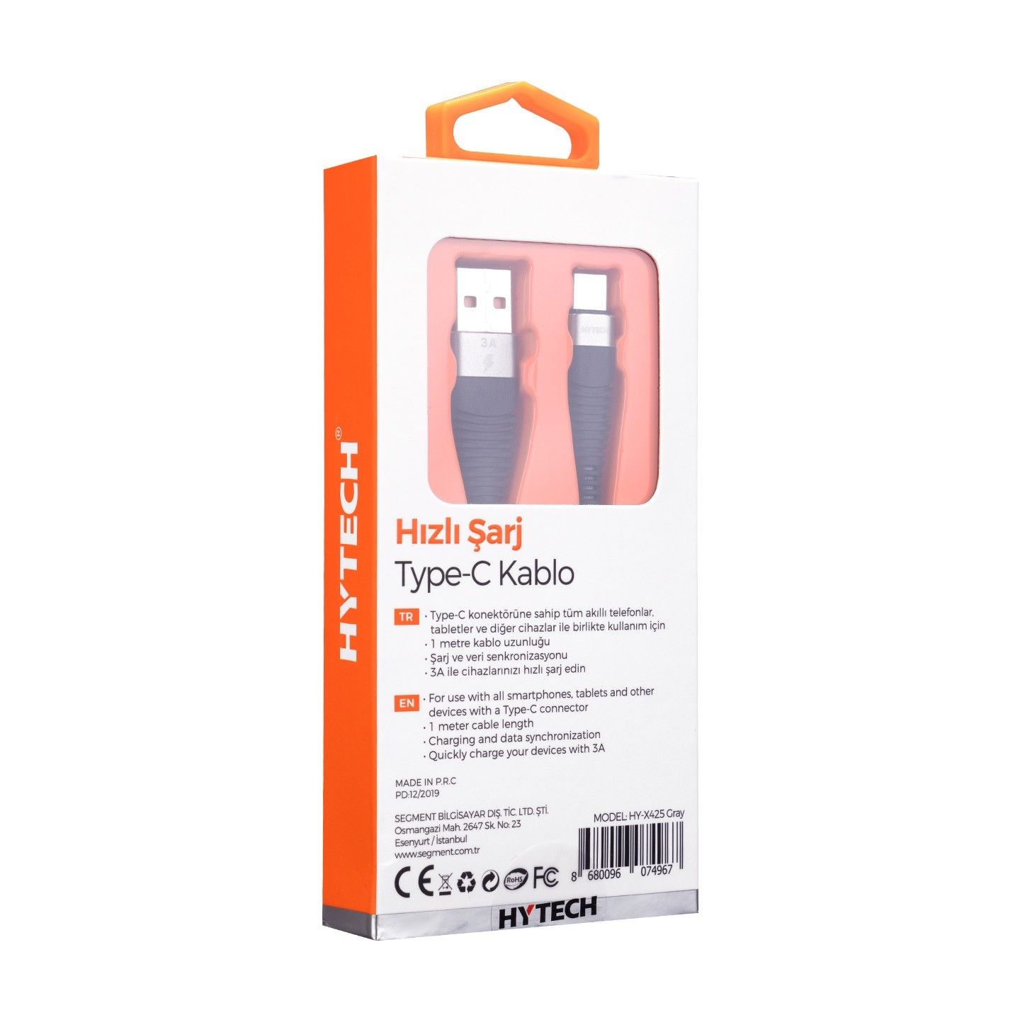 Hytech HY-X425 1m 3A Type-C Gri Data+Şarj Kablosu