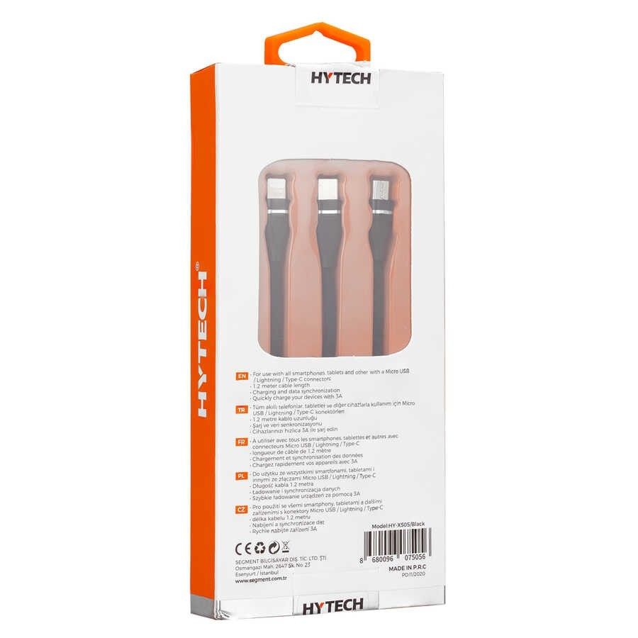 Hytech HY-X505 1.2m 3A 3 in 1 Siyah Şarj Kablosu