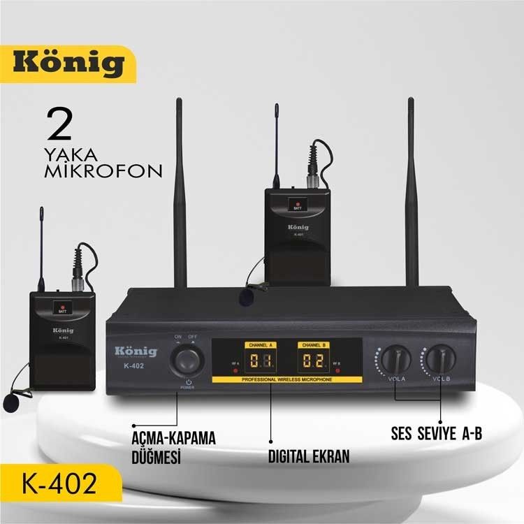 König K-402 E-Y UHF Çift Kanal 1 El 1 Yaka Mikrofo