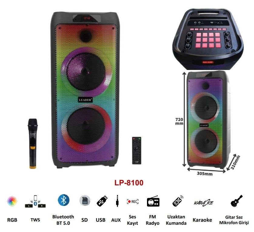 Leader LP-8100 8"x2 RGB Taşınabilir Ses Sistemi