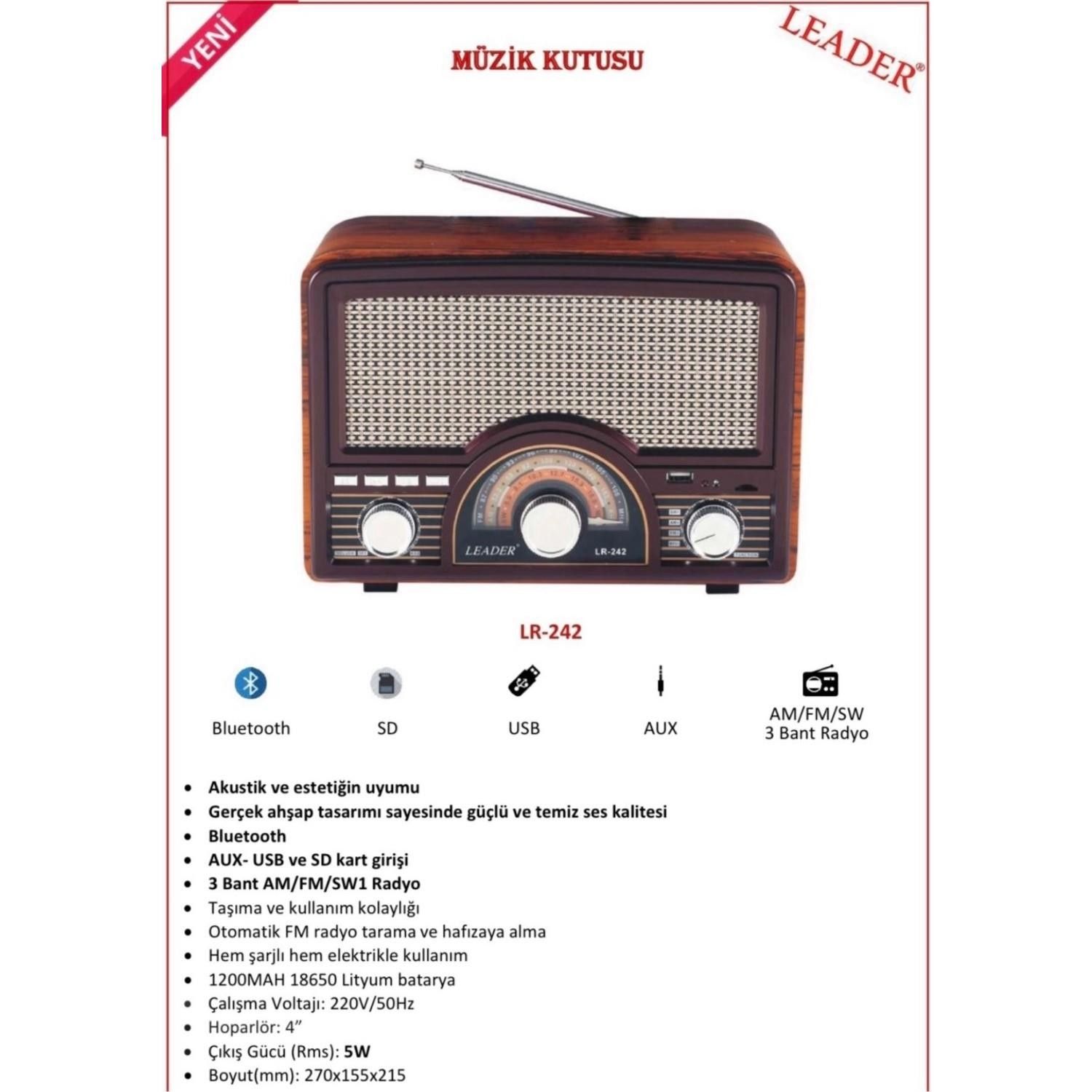Leader LR-242 Radio/BT/USB/TF Retro Müzik Kutusu