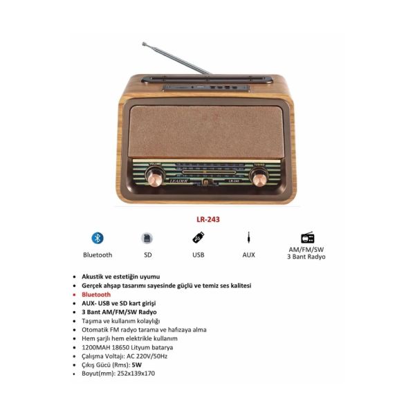 Leader LR-243 Radio/BT/USB/TF Retro Müzik Kutusu