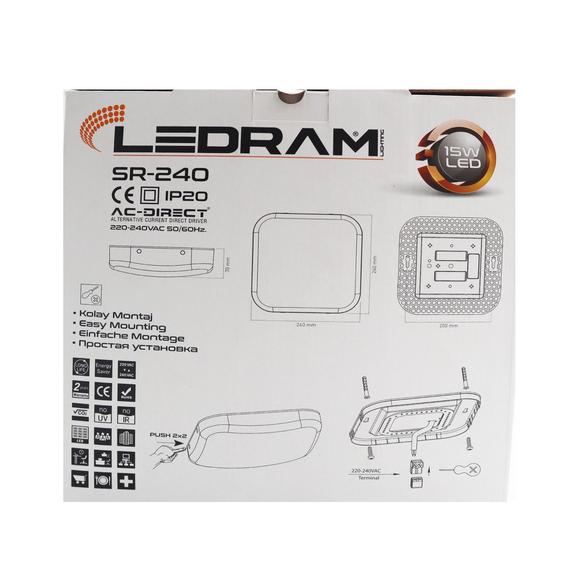 Ledram SR-240 15W 6500K Kare Led Glop Armatür