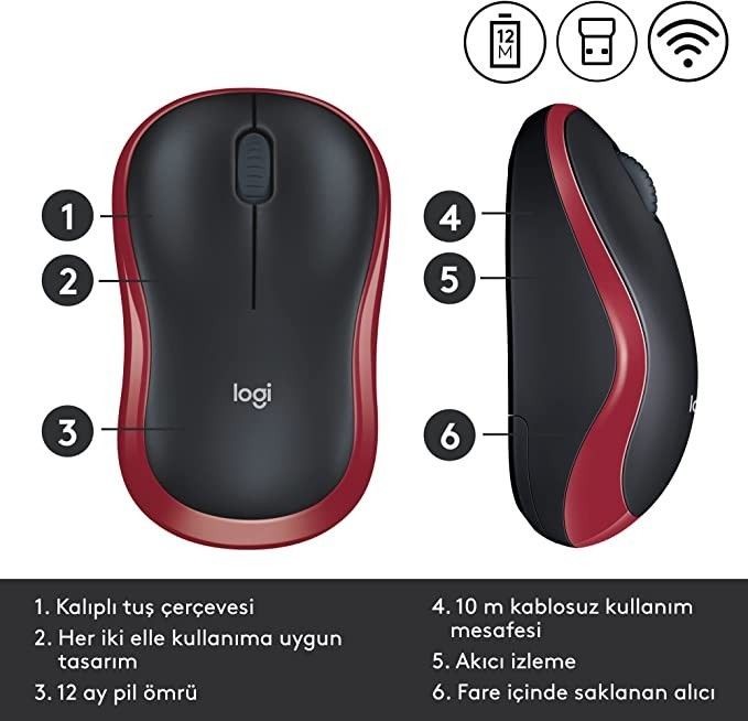 Logitech M185 Kablosuz Kırmızı Mouse