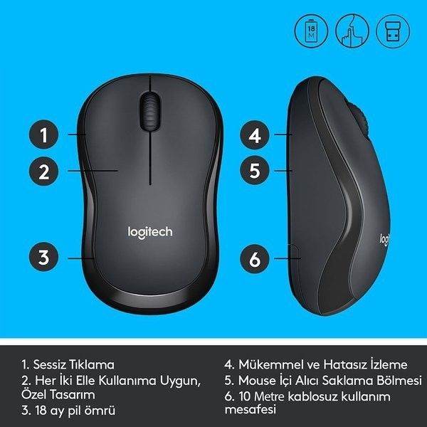 Logitech M220 Silent Kablosuz Mouse Gri