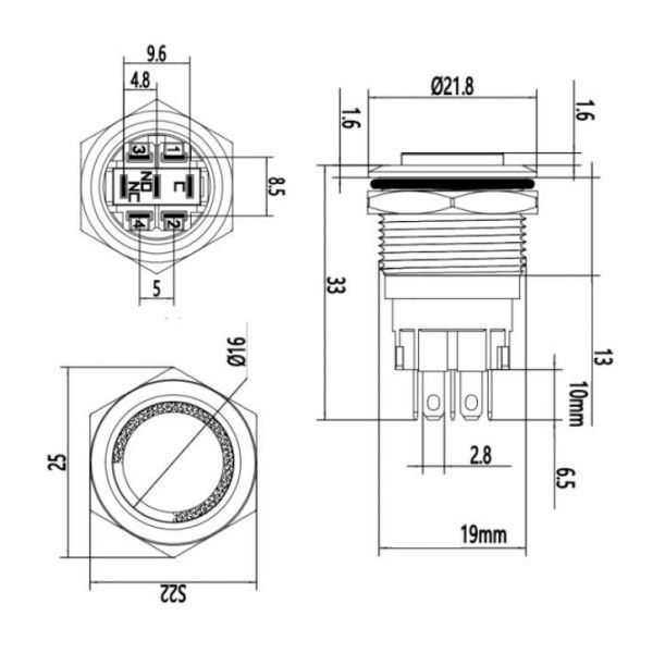 Metal Buton Kalıcı 19mm 24V Mavi Ledli D2