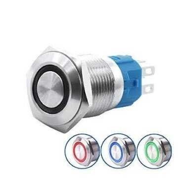 Metal Buton Yaylı 16mm 12V Mavi Ledli D36