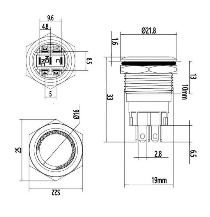 Metal Buton Yaylı 19mm 24V Kırmızı Ledli D56