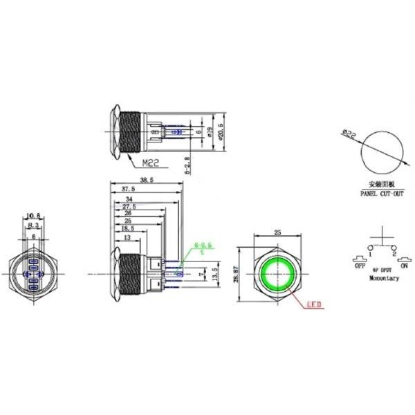 Metal Buton Yaylı 22mm 24V Mavi Ledli D71