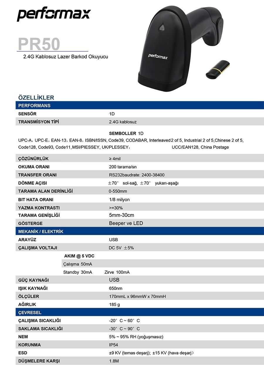 Performax PR-50+ 1D Kablosuz Usb Barkod Okuyucu