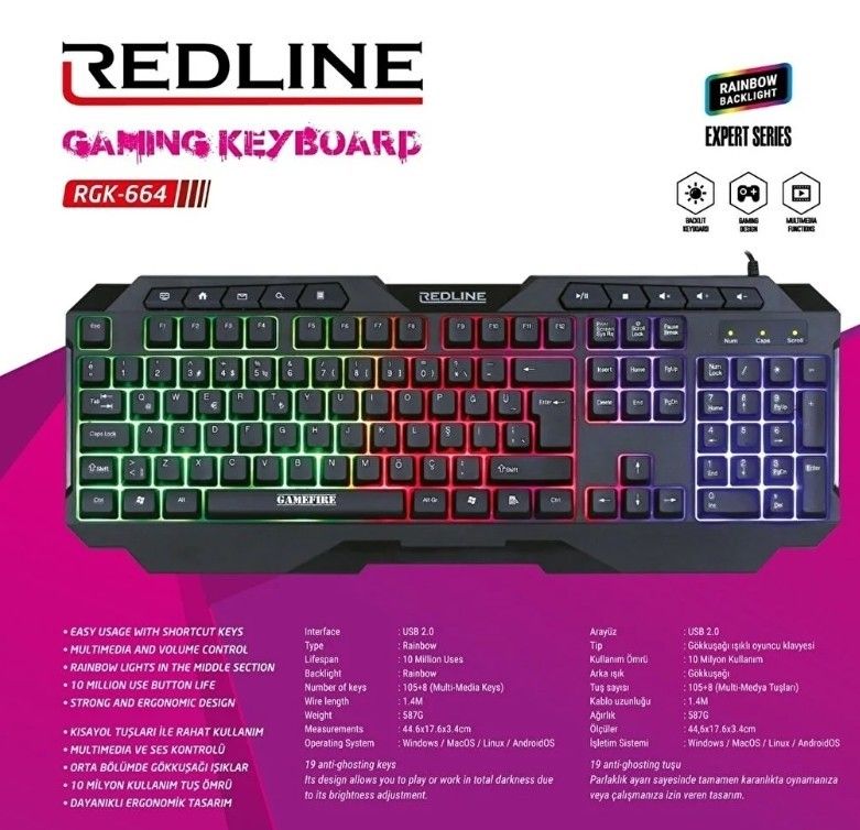 Redline RGK-664 Rainbow Oyuncu Klavye