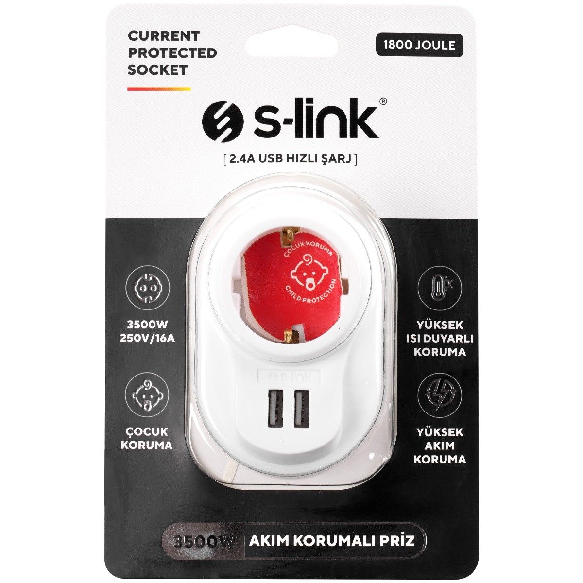 S-Link SL-09 16A 3500W 2 Usb Akım Korumalı Priz