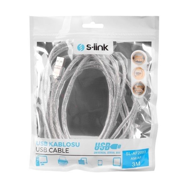 S-Link SL-AF2003 Usb 2.0 3m Şeffaf Uzatma Kablosu