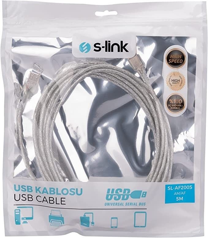 S-Link SL-AF2005 Usb 2.0 5m Şeffaf Uzatma Kablosu