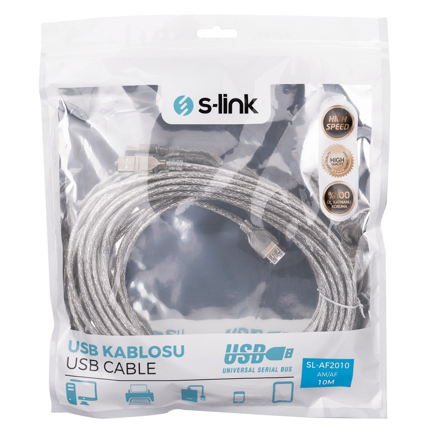 S-Link SL-AF2010 Usb 2.0 10m Şeffaf Uzatma Kablosu
