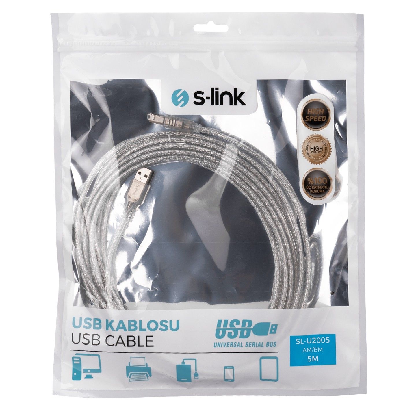 S-Link SL-U2005 5m Usb 2.0 Şeffaf Yazıcı Kablosu