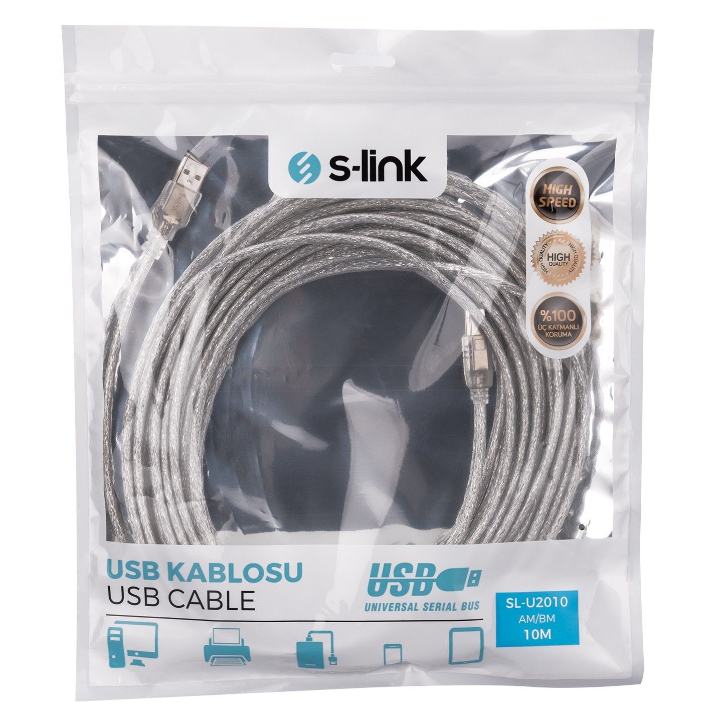 S-Link SL-U2010 Usb 2.0 10m Şeffaf Yazıcı Kablosu