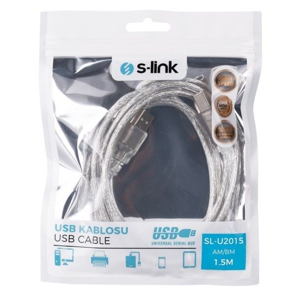 S-Link SL-U2015 1.5m Usb 2.0 Şeffaf Yazıcı Kablosu