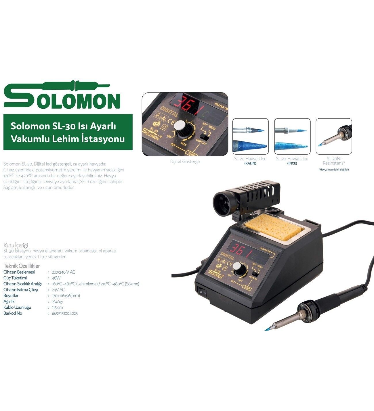 Solomon SL-30 48W Isı Ayarlı Havya İstasyonu