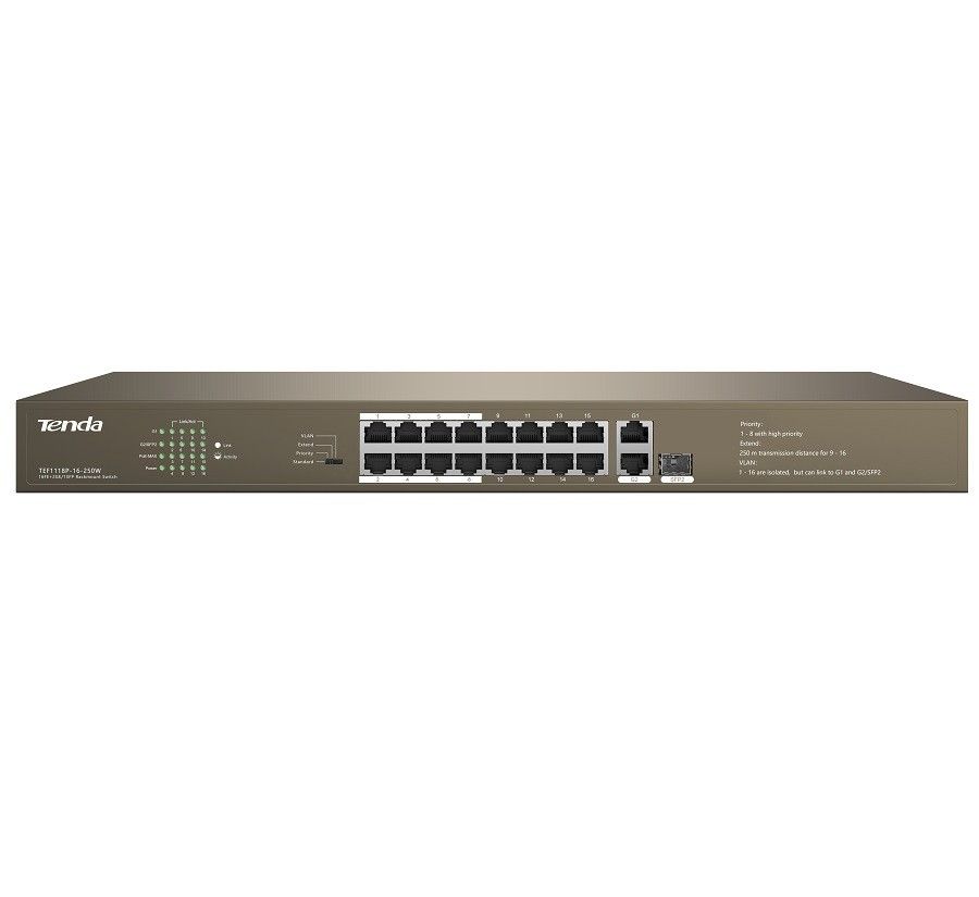 Tenda TEF1118P 16 Port 10/100 PoE 150W  1 GB 1 SFP
