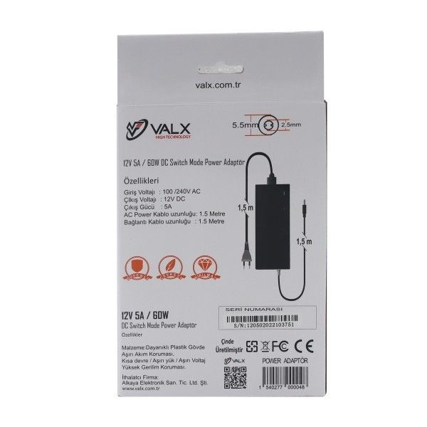 Valx LA-12050 12V 5A 60W Switch Mode Adaptör