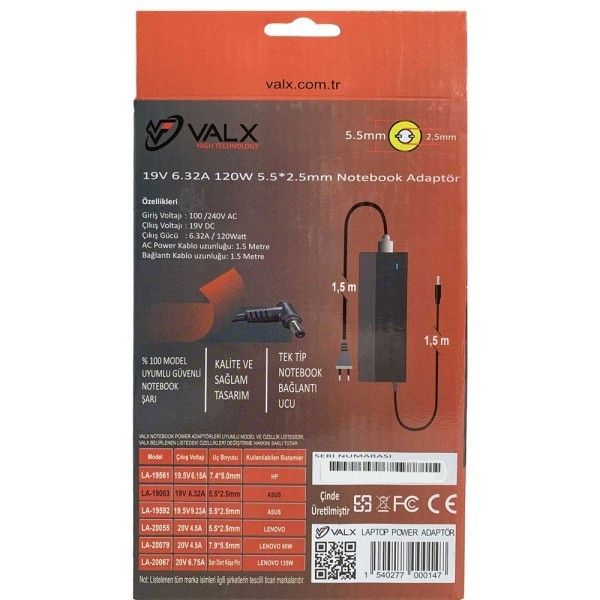 Valx LA-19063 19V 6.32A 5.5x2.5 Notebook Adaptör