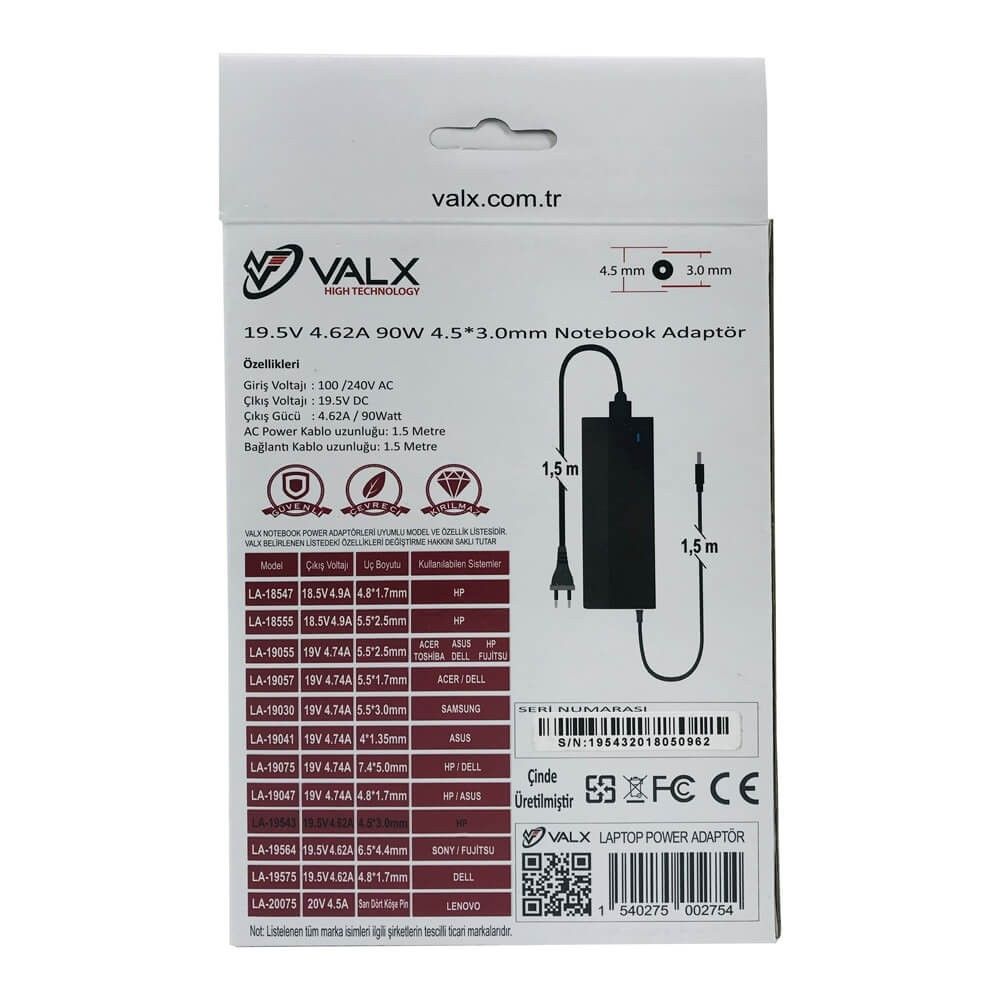 Valx LA-19543 19.5V 4.62A 90W 4.5x3.0 Laptop Adap.