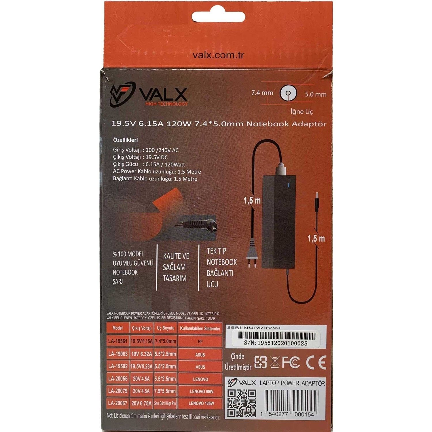 Valx LA-19561 19.5V 6.15A 7.4x5.0 Notebook Adaptör
