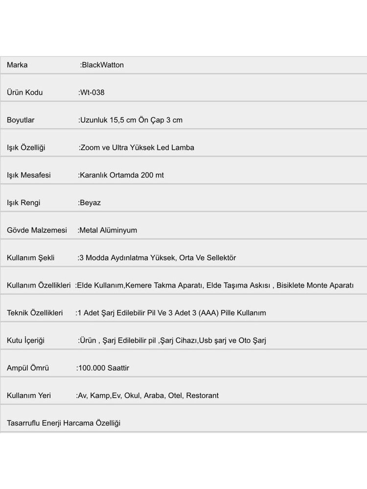 Watton WT-038 Şarjlı El Feneri