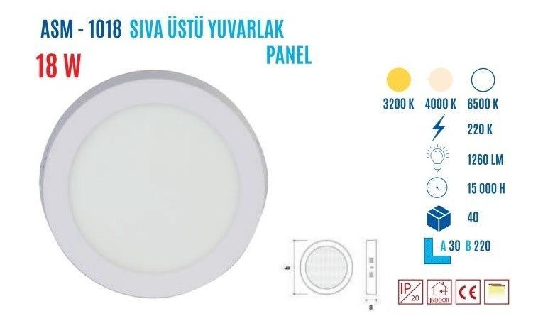 YCL ASM-1018G 18W Sıvaüstü Yuvarlak Günış LedPanel