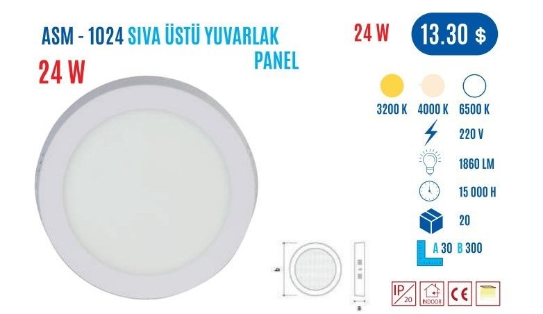YCL ASM-1024G 24W Sıvaüstü Yuvarlak Günış LedPanel