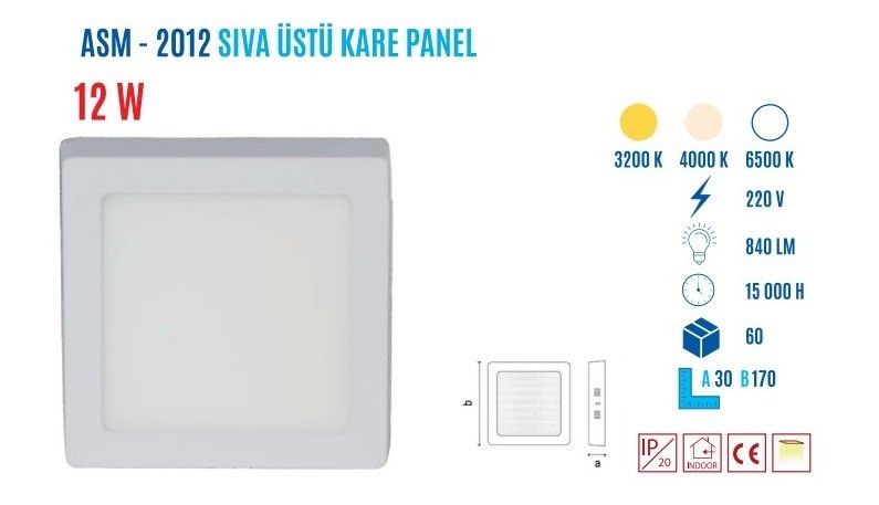YCL ASM-2012G 12W Sıvaüstü Kare Günışığı Led Panel