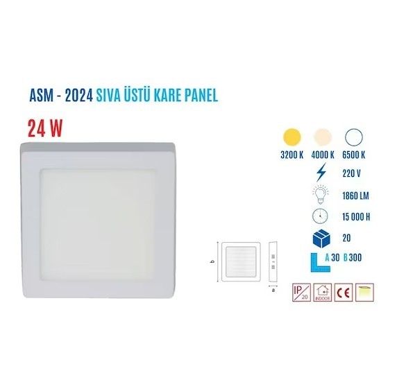 YCL ASM-2024B 24W Sıva Üstü Kare Beyaz Led Panel
