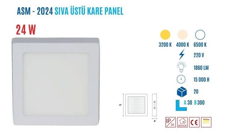 YCL ASM-2024G 24W Sıvaüstü Kare Günışığı Led Panel