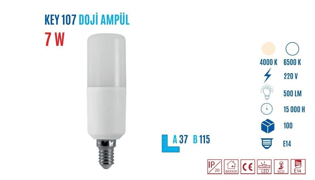 YCL KEY-107B 7W E14 560 Lumen Doji Led Ampul Beyaz