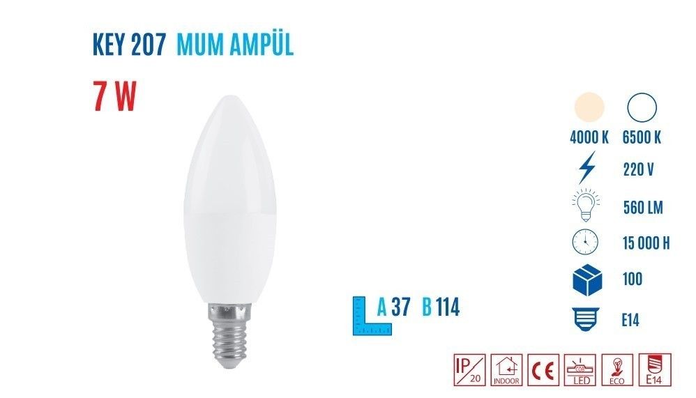 YCL KEY-207S E14 7W 560 Lumen Mum Led Ampul Sarı
